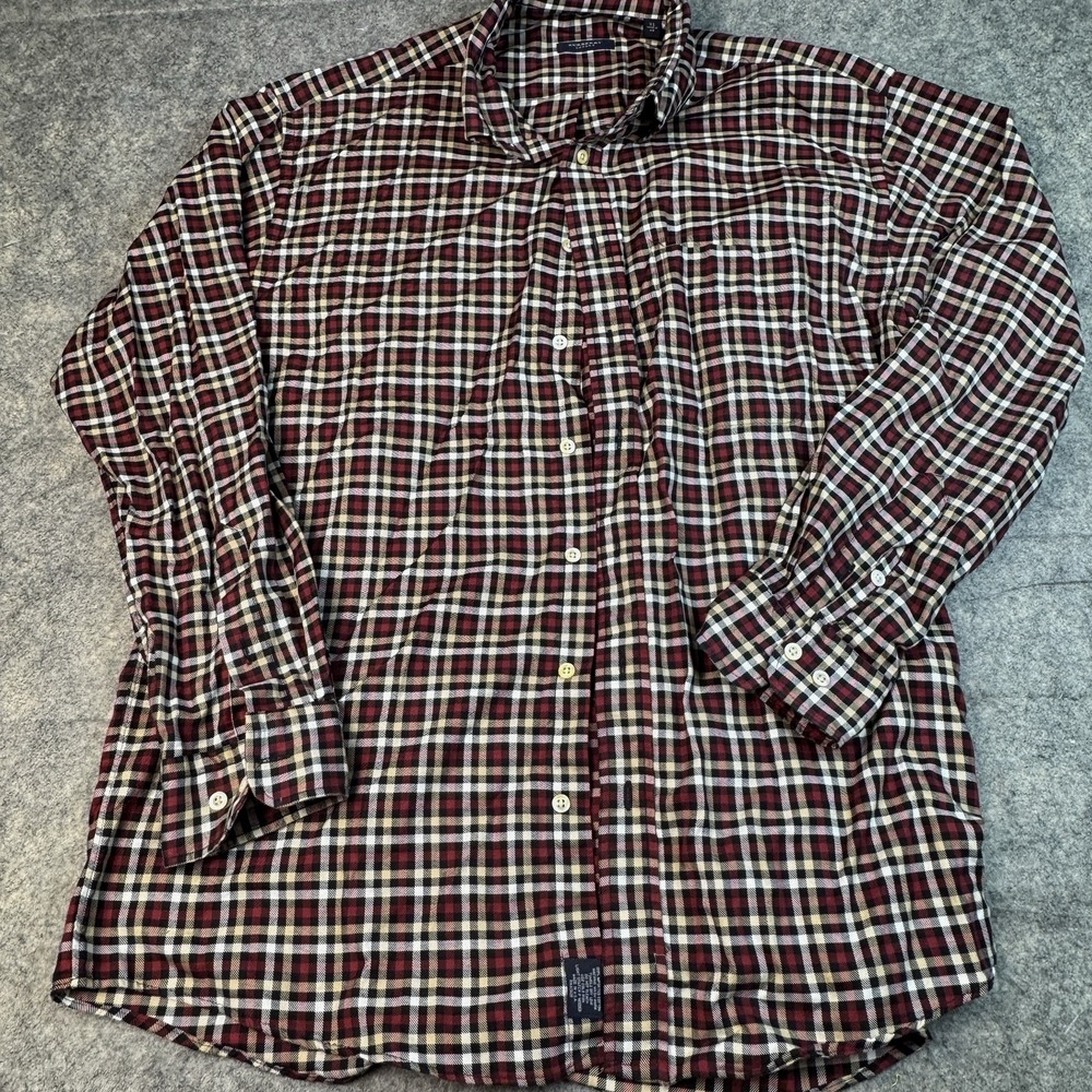 Burberry Shirt Mens XLarge Black Brown Plaid Made in USA London Cotton Button Up